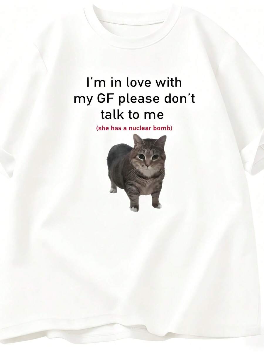 I Fell In Love With My Girlfriend Funny Cat T-Shirt Boyfriend Couple Cotton Tees Leisure Short Sleeves Sports O-Collar T-Shirts - hình dạng - Xem 1