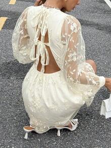 Vestido mini de manga larga de chifón bordado, vestido romántico elegante para citas, ropa de mujer para otoño, ropa de vuelta al colegio, atuendo para conciertos de música country, atuendos para citas nocturnas de mujeres, vestido para invitada de boda, vestidos de cumpleaños para mujeres, atuendos para brunch de mujeres, ropa bohemia para mujeres - Albaricoque - Ver 9