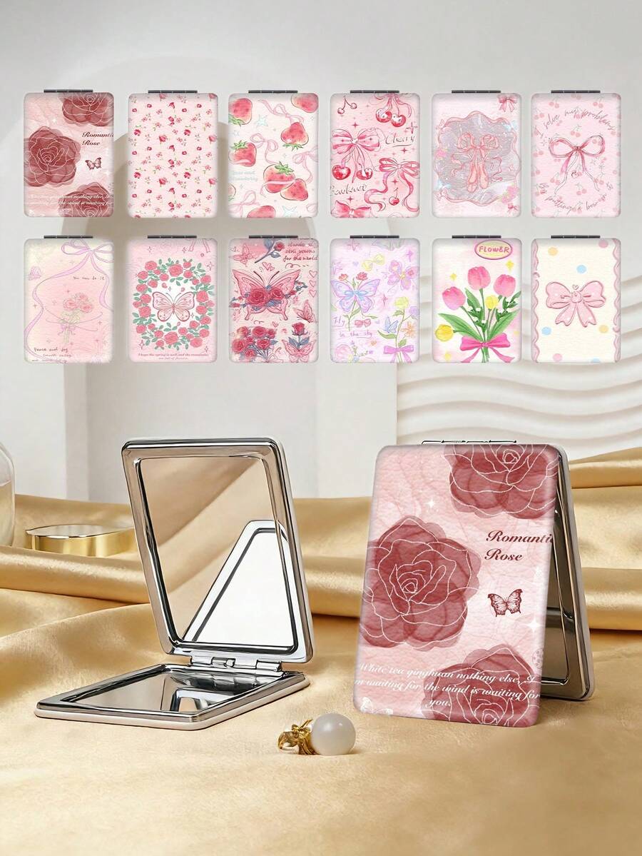 1 pieza Espejo de vanidad plegable estético Y2K, espejo portátil ligero y manual, de cuero de PU duradero, adecuado para todas las ocasiones y personas, espejo de maquillaje rectangular plegable - Multicolor - Ver 1