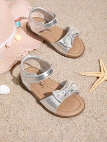 Girls' Sandals New Bow Princess Shoes Adjustable Hook Loop Design Soft-Soled Casual Girls' Beach Shoes In Summer - 銀色 - 查看 2