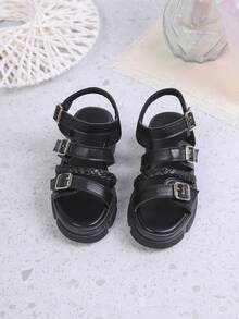 Giày sandal cao gót đế dày kiểu dáng quai dệt có khóa cài cho trẻ em, thích hợp cho bé trai và bé gái, đi chơi ngoài trời hoặc đến trường. - màu đen - Xem 5