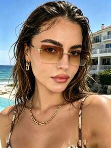 2pcs Summer Fashion Unisex Eyeglasses Set, Retro Rectangular Frameless Decorative Glasses For Street Photography, Commuting, Daily Wear - 2pcs Frameless Grey Tea - View 5