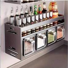 1 pezzo Portaspezie da parete in lega di alluminio e magnesio, antiruggine, senza necessità di ricarica, installazione senza trapano, include barattoli per spezie e contenitori di stoccaggio, adatto per l'organizzazione della cucina - Multicolore - Visualizzare 1