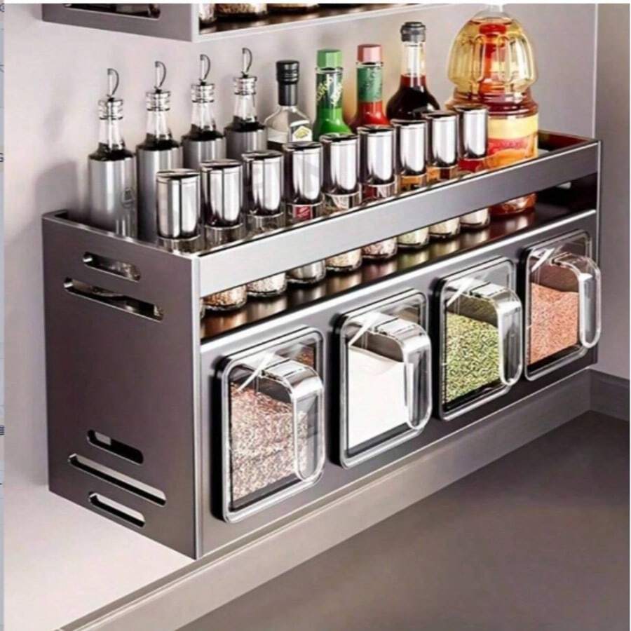 1 pezzo Portaspezie da parete in lega di alluminio e magnesio, antiruggine, senza necessità di ricarica, installazione senza trapano, include barattoli per spezie e contenitori di stoccaggio, adatto per l'organizzazione della cucina - Multicolore - Visualizzare 1