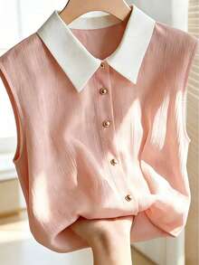 Women's Solid Color Splicing Collar Front Button Sleeveless Top, Spring/Summer Pink - Pink - View 7