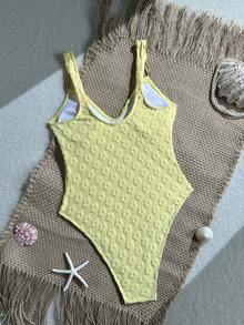 2026 Neuer Damen Gelb Blumen Jacquard V-Ausschnitt Badeanzug mit Metall Träger Dekor, Strand Urlaubsoutfit, geeignet für Valentinstag, Karneval Urlaub Sommer - Gelb - Übersicht 2