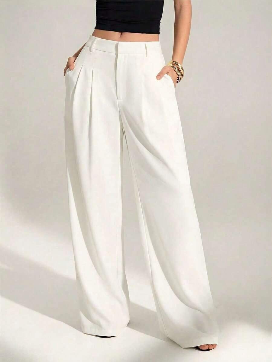 ZZL Tall Old Money Sexy Business Casual High Waist Pleated Wide Leg Pants – Elegant Solid Color Loose Trousers, Professional Office Wear, Chic Tailored Work Pants For Women Black Dress Pants Loose Pants - trắng - Xem 1