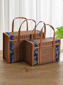 1pc Large Vintage-Style Rectangular Bamboo Picnic Basket - Stacking, Foldable, Portable, Woven With Lid For Snacks & Fruits - Multipurpose, Retro Design For Outdoor Use - A - View 5