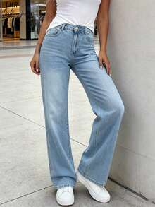 女式休闲水洗斜口袋直筒牛仔裤 - 淺色水洗藍 - 查看 7