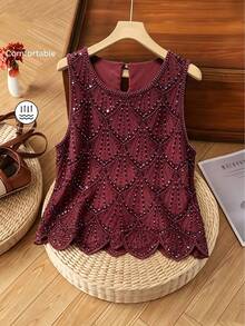 Blusa elegante de fiesta de color rosa pálido para mujer - Blusa sin mangas brillante con lentejuelas, vestimenta formal/casual transparente y protectora - Vestido de noche de fácil cuidado, lavado a mano, moda de verano, diseño texturizado, costuras delicadas, lentejuelas brillantes, atuendo de fiesta - Rojo violeta - Ver 7