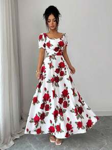 Elenzya Women's Floral Rose Print Square Neck Cinched Waist A-Line Puff Sleeve Elegant Everyday Vacation Commute Fashion Valentine's Day Date French Street Retro Versatile Party White Base Red Rose Print Early Spring/Spring Summer Short Sleeve New Mid-Length Dress - 彩色 - 查看 8