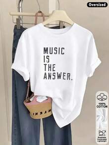 Casual Cute White Graphic Tee For Women, 'MUSIC IS THE ANSWER' Print Short Sleeve Drop Shoulder Round Neck T-Shirt, Stylish Knitted Top With,Autumn - White - View 7