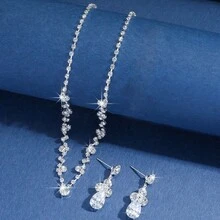 3pcs Set Minimalist Rhinestone Water Drop Necklace & Earrings Jewelry Set, Suitable For Women Wedding, Birthday, Anniversary, Party - Silver - View 3