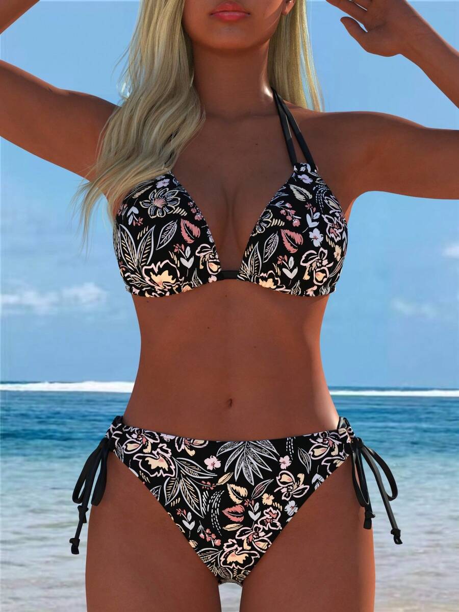 Women's Halter Floral Print Bikini Set, Tie-Side Swim Bottom 2 Pieces Swimwear, Casual Beach Outfit, New Holiday Summer Vacation Set, Boho Chic