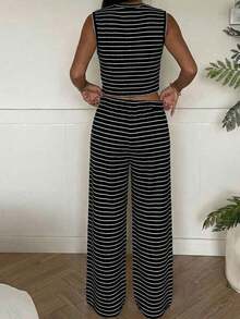 Conjunto de 2 piezas para mujer, top sin mangas a rayas y pantalones, casual - Negro - Ver 2
