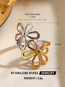 1 pieza Anillo geométrico de línea, estrella y flor de acero inoxidable chapado en oro de 18K con tono dual minimalista, adecuado para uso diario y de fiesta de mujeres - Multicolor - Ver 15
