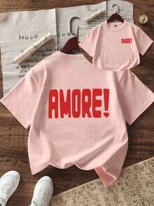 少女休闲趣味印花圆领短袖T恤，夏季上衣 - 粉色 - 查看 6