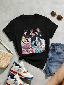 Damen Sommer locker lässiges Hemd, weiches Baumwoll Rundhals Kurzarm Oberteil, Vintage europäisch amerikanischer Streetstyle. - Schwarz - Übersicht 3