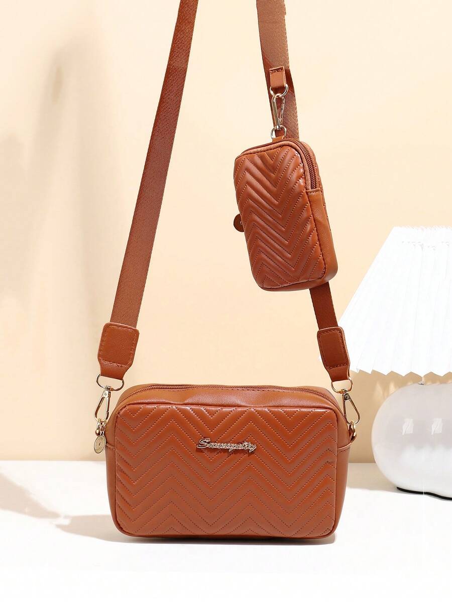 1pc Girls' Mini Wave Pattern Embossed Letter Pouch, Phone Wallet Coin Purse - Brown - View 1