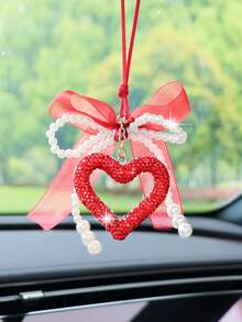 Colgante de espejo retrovisor de coche con lazo de cinta de gasa, corazón de strass - Amar - Ver 11
