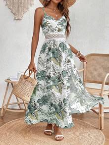 Women's Suspender Hugging Dress With Floral Print And Lace Embellishment - 橄欖綠 - 查看 5