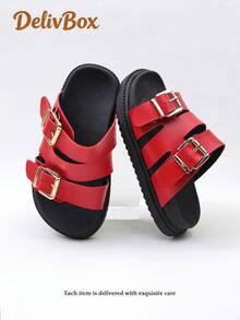 1 Pair Girls' Sandals, Decorated With Contrasting Color Ribbons, Made Of PU Leather And Soft Cork Material, Comfortable And Easy To Walk, Open Toe Low-Top, With Buckle Strap, Flat, Casual Style, Suitable For Summer Indoor And Outdoor Play - Red - View 5