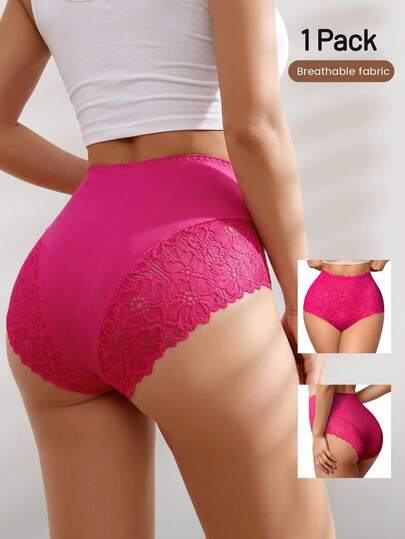 1pc Plus Size Women High Waist Lace Patchwork Jacquard Pattern Soft Breathable Panty
