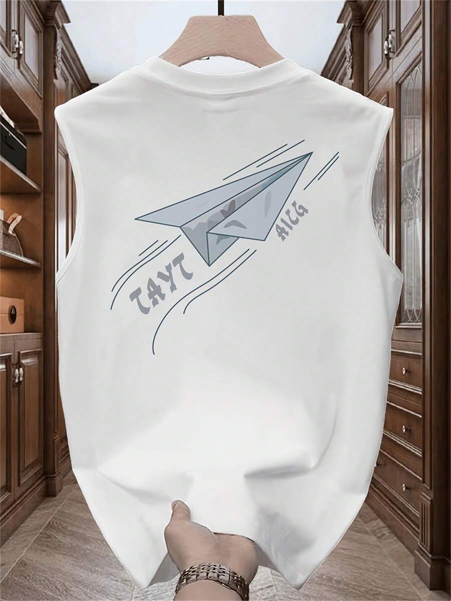 100%コットン製のメンズノースリーブTシャツ、トレンドブランドプリントの半袖シャツ、夏向け韓国風・日本風プリントの万能トップス。 - ホワイト - チェックする 1