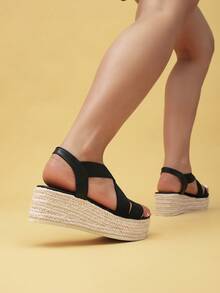 Women's Wedge Heel Waterproof Platform Espadrille Strap Sandals, Thick Sole High Heel Backless Versatile Fashion Vacation Style Bohemian Heels - Black - View 5