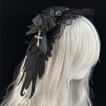 Gothic Angel Wing Lace Headband, Dark Feather Cross Hair Accessory, Punk Lolita Ruffle Hair Hoop For Cosplay - Multicolor - View 3