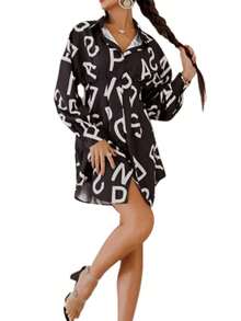 Women Irregular Hem Midi Dress, Letter Print Long Sleeve Lapel Neck High Waist Dress - Negro - Ver 4