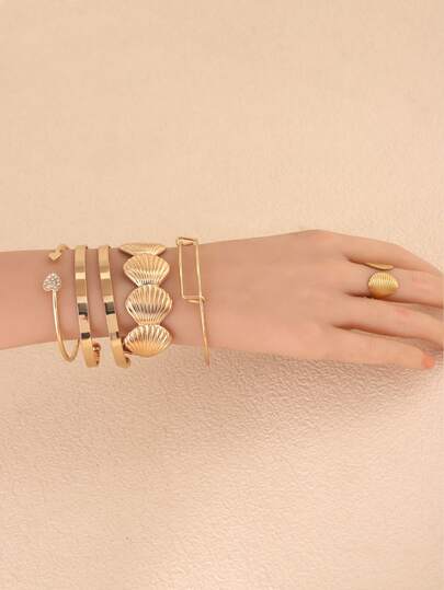 2pcs Luxury Gold Geometric Coil Design Bangle Bracelet And Ring Set, Versatile Jewelry For Daily Wear And Social Events, Suitable As Valentine's Day Gift
