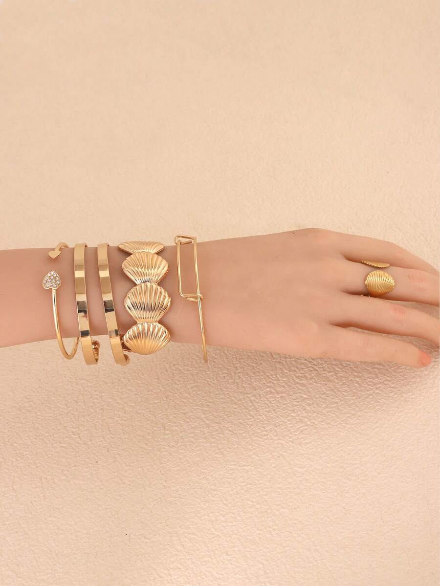 2pcs Luxury Gold Geometric Coil Design Bangle Bracelet And Ring Set, Versatile Jewelry For Daily Wear And Social Events, Suitable As Valentine's Day Gift - Gold - View 1