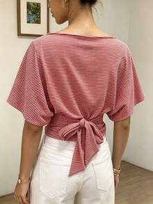 Áo nữ tay ngắn cánh dơi kẻ sọc đỏ trắng, thắt eo, cổ tròn, thoải mái, thoáng khí, thích hợp mặc hàng ngày, đi làm, chơi thể thao, đi học. - Nhiều màu - Xem 1