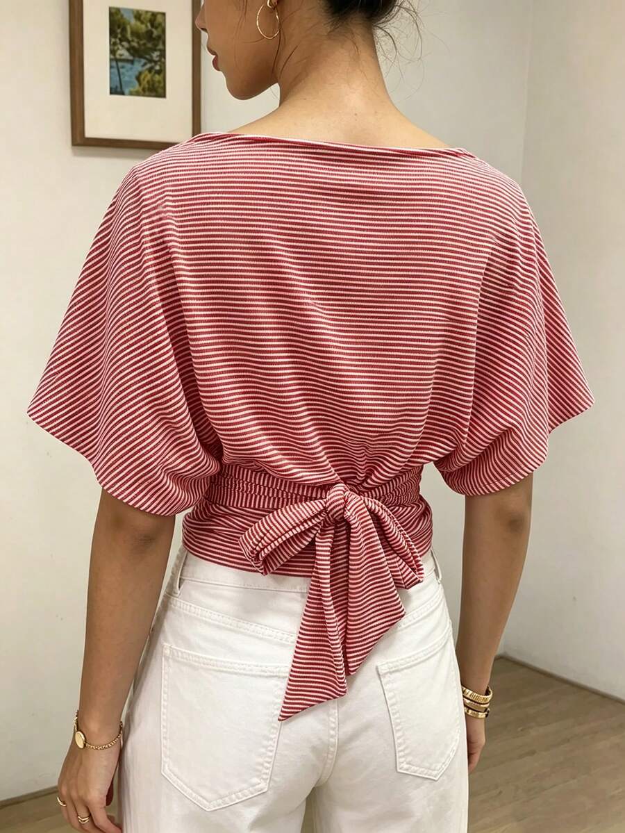 Áo nữ tay ngắn cánh dơi kẻ sọc đỏ trắng, thắt eo, cổ tròn, thoải mái, thoáng khí, thích hợp mặc hàng ngày, đi làm, chơi thể thao, đi học. - Nhiều màu - Xem 1