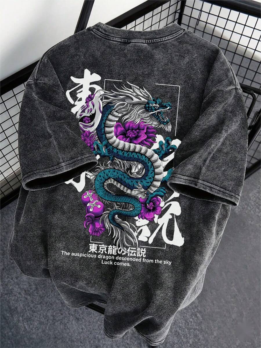 Áo thun nữ cổ tròn rách rưới mùa hè 2026, in hình rồng Tokyo Legend, kiểu dáng rộng rãi thoải mái, màu đen. - màu đen - Xem 1