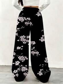 Floral Print Wide Leg Sweatpants Women Casual Comfortable Drawstring Pants Black With Pink Cherry Blossom Pattern Loose Fit Joggers For Casual Attire - 彩色 - 查看 2