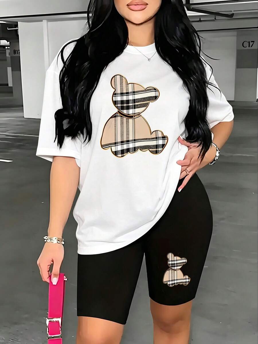 Two-Piece Set Women, Checkered Bear Print Loose T-Shirt + High-Waisted Cycling Shorts Set, A Casual And Versatile Round-Neck Short-Sleeved Top And Sports Shorts Set, Suitable For Various Activities, Sports, Yoga Training, Fitness And Daily Wear. - 白色+黑色 - 查看 1