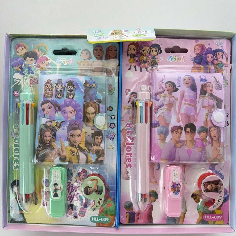 Bộ quà tặng văn phòng phẩm dành cho fan hâm mộ nhóm nhạc nữ K-POP - Thiết kế nhân vật sống động, bao gồm bút gel, sổ tay, tẩy và thước kẻ, phù hợp cho fan và học sinh. - Nhiều màu - Xem 1