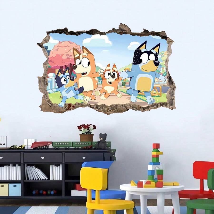 Bluey 3D 破墙 Bluey 一家墙贴,可移除乙烯基 Bluey 和 Bingo 一家墙贴,创意洞景墙贴,卧室装饰,即撕即贴卡通家居装饰,适用于房间、浴室墙砖 - 多色多款 - 查看 1
