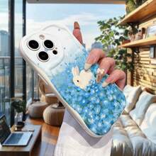 1 pieza Funda protectora de teléfono a prueba de golpes y antideslizante con textura de crema blanca y diseño de conejo azul lindo, compatible con iPhone, Honor - Beis - Ver 2