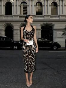 conciso 女士豹纹系带长款连衣裙，性感优雅派对礼服 - 摩卡棕 - 查看 4