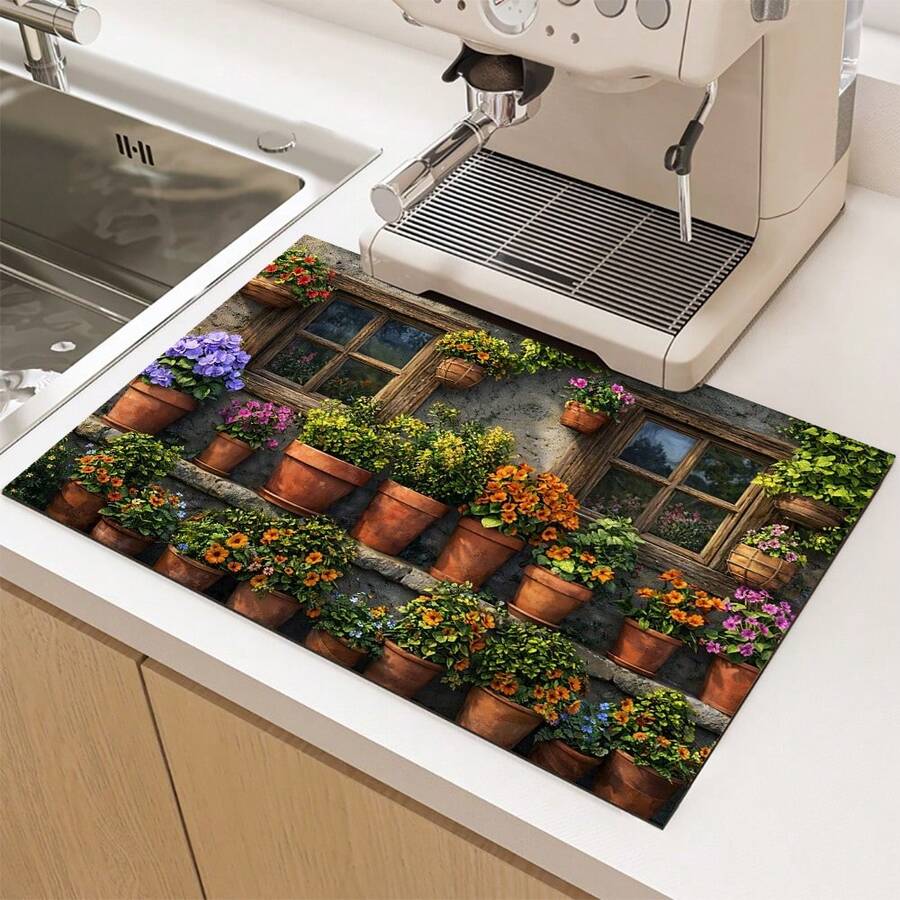 1pc 2D Floral Potted Plant Print Absorbent Pad/Drying Mat For Coffee Maker, Tableware - Absorbent Polyester Desktop Protective Mat With Non-Slip Rubber Backing, For Kitchen Counter Decor, Home Bar And Dining Table - Multicolor - View 1