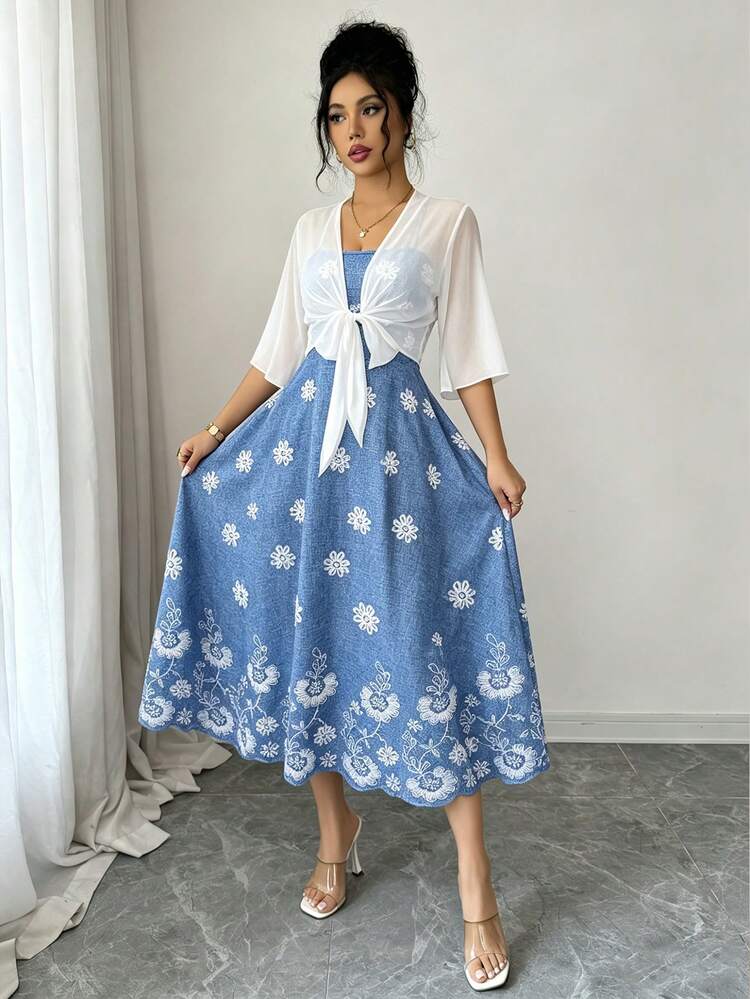 Conjunto de 2 piezas de vestido y chaqueta de mujer con estampado floral elegante de gasa, conjunto casual romántico para vacaciones en la playa, fiesta de té en primavera - Multicolor - Añade 2