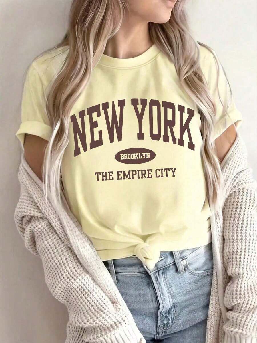Camiseta Casual Holgada con Estampado de Letras para Mujer, Moda Casual Diaria Versátil.Camiseta con estampado, Vacaciones - Amarillo - Ver 1