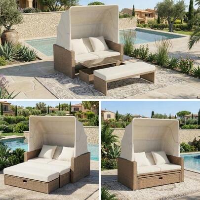 Polyrattan Garden Furniture For 2-4 People, Garden Sofa, Lounge Sofa, Adjustable Coffee Table, Removable Awning, PE Rattan And Sponge, Khaki