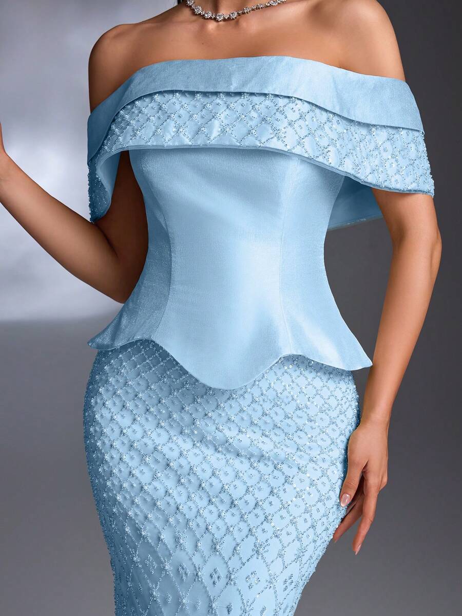 AMILUCK High-End Fashion Women's Elegant Sequin & Pearl Decorated Matte Satin Square Neck Ruffle 2 In 1 Fitted Mermaid Dress For Formal Evening Fall