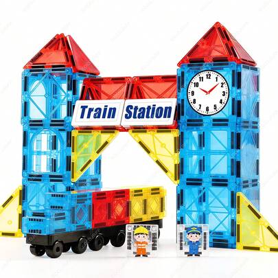 Train Station Magnetic Building Blocks, Magnetic Puzzle Cars, Roads And Large Clock Set, Includes Repairman, Conductor Toys, Assorted Magnetic Tiles Game Set, Perfect Birthday Gift For Boys And Girls, Also Ideal For Easter, Birthday And Back To School Occasions