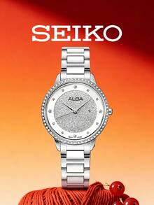 Seiko 簡約女士手錶銀白色閃粉錶盤全水晶錶圈不銹鋼錶帶日本石英機芯簡潔美學日常休閒手錶媽媽女兒禮物上班通勤街頭風格簡約奢華AH7W31X1 - 銀色 - 查看 3