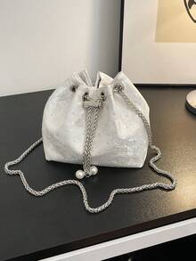 1pc Nylon Solid Color Drawstring Chain Pearl Decor Plush Pendant Accessory, Fashionable Rivet Crossbody Bag For Women - White - View 10
